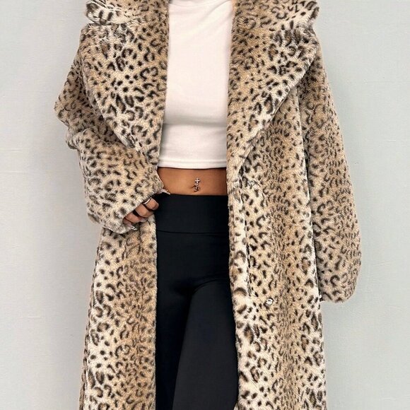 Casual Women's Leopard Print Long Sleeve Faux fur Coat - Picture 5 of 6